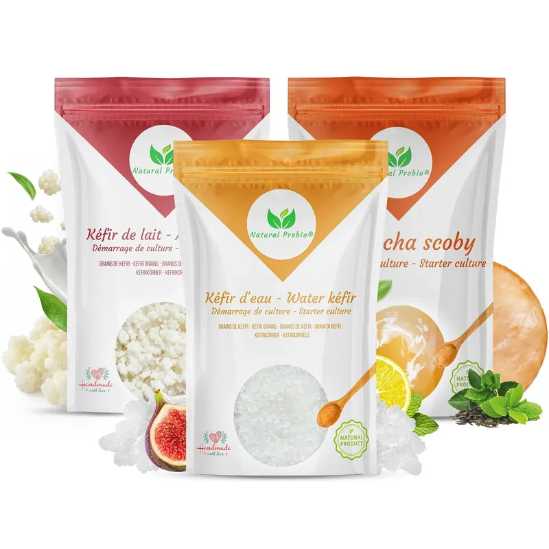 Kit complet avec grains de kéfir d'eau, grains de kéfir de lait et SCOBY de kombucha